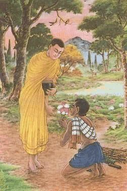 Making merit by offering flowers to a monk.